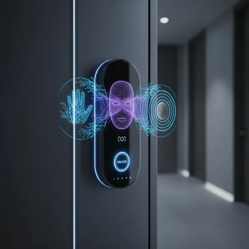 futuristic smart lock with advanced biometric scanning for secure touchless entry